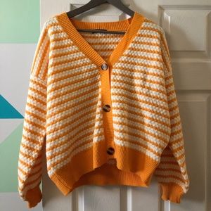 Yellow/orange/golden and white striped cardigan